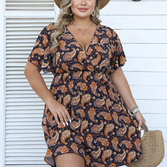  Paisley Print Short Sleeve Mini Dress