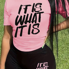 Letter Print Matching Two piece Set Casual Short Sleeve T shirt & Biker Shorts