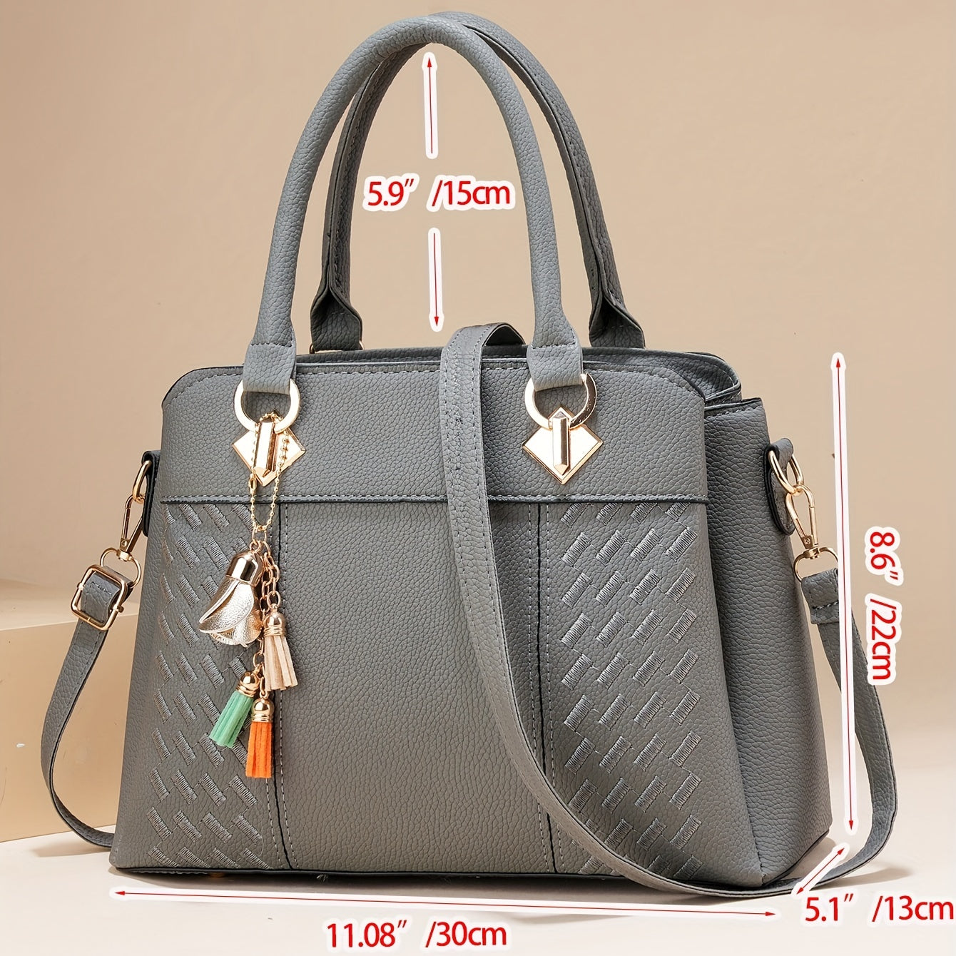 Women's Classic Tote Satchel Bag with Zipper, Top Handles & Pendant