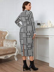 Women's Plaid Plus Size V Neck Dress Long Sleeve Button Detail Bodycon