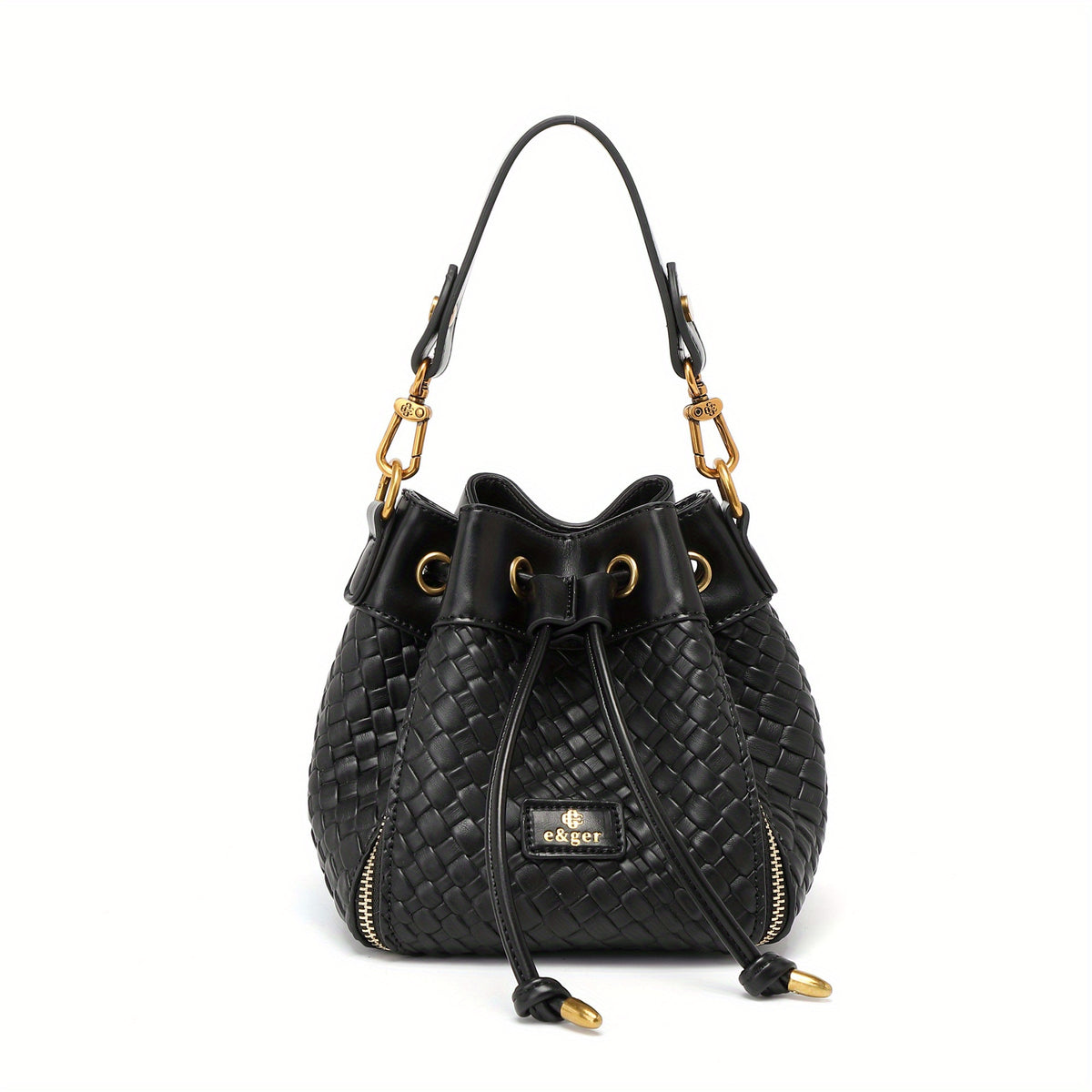 Mini Woven Drawstring Bucket Bag PU Crossbody Bag Women's Casual Shoulder Purse