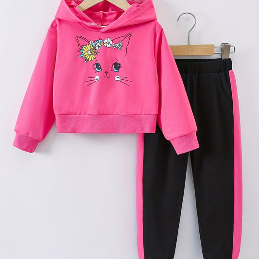 Cartoon Cat Pattern Girl's 2pcs Hoodie & Sweatpants Set
