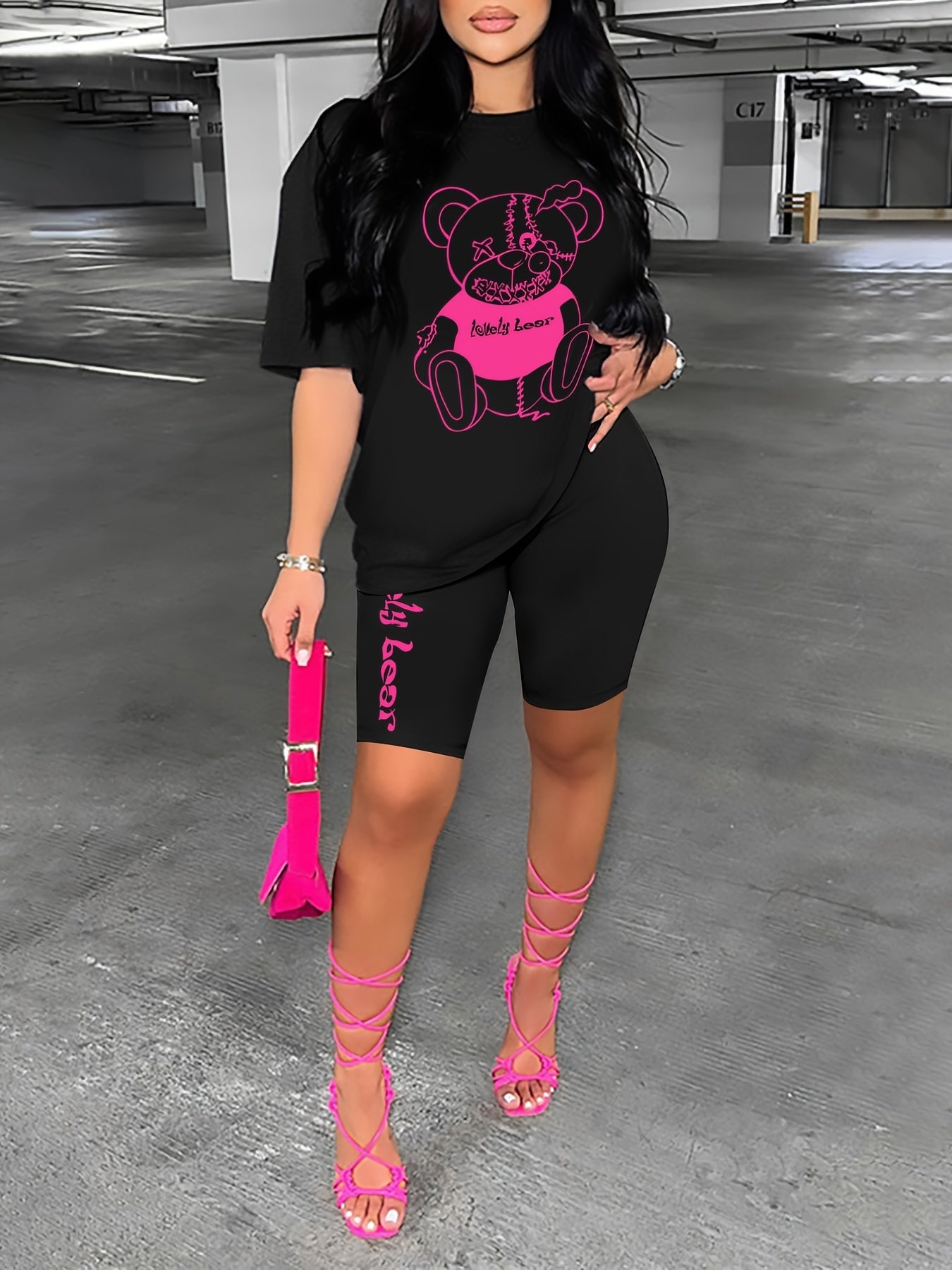 Teddy Bear Print Two piece Set Short Sleeve Casual Top & Shorts
