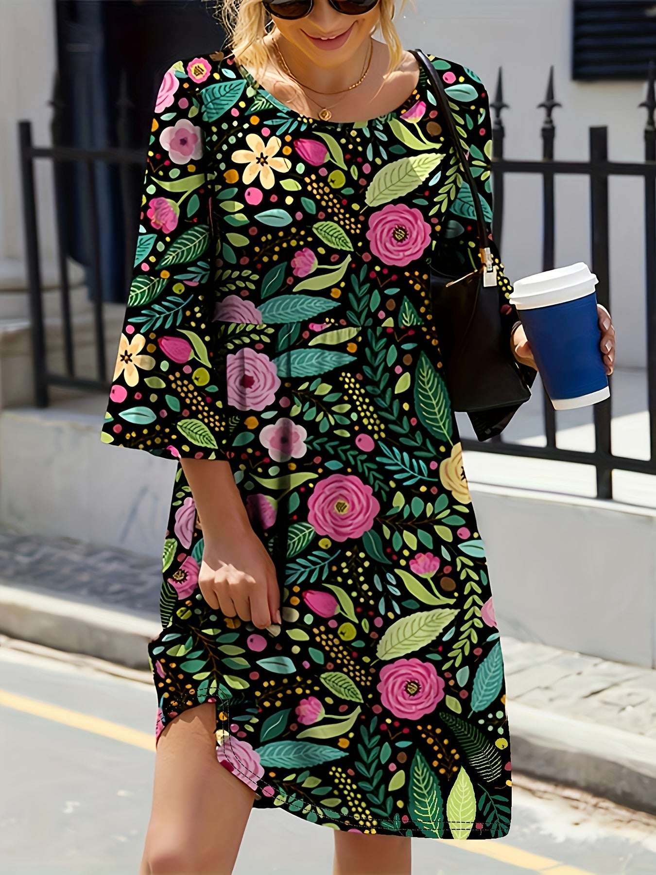  Boho Dress Women's Plus Floral Print Three Quarter Sleeve Dress