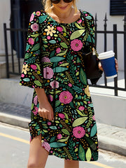  Boho Dress Women's Plus Floral Print Three Quarter Sleeve Dress