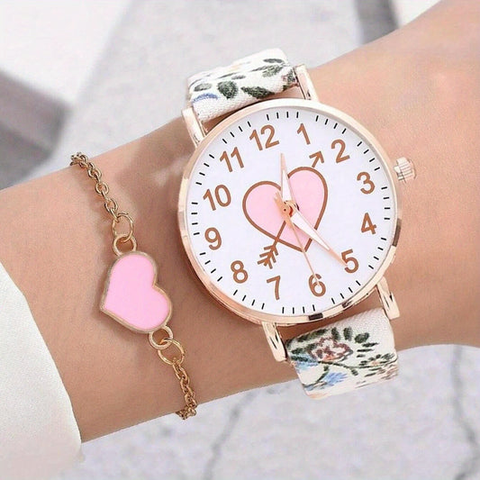 Flower Pattern PU Watch & Heart Ornament for Daily Use