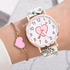 Flower Pattern PU Watch & Heart Ornament for Daily Use