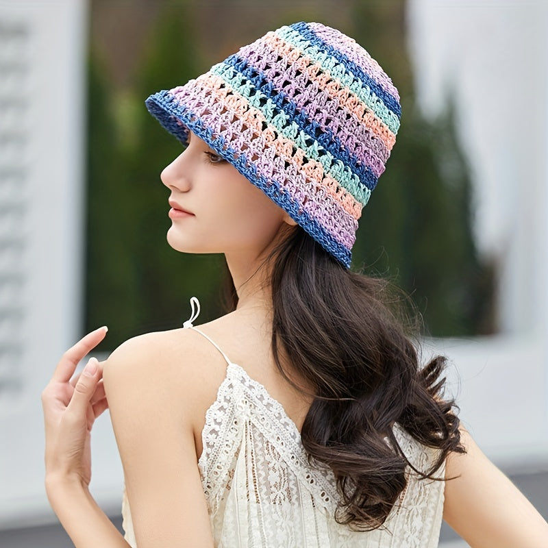 Rainbow Striped Crochet Bucket Hat Hollow Out Straw Sun Hat