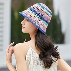 Rainbow Striped Crochet Bucket Hat Hollow Out Straw Sun Hat