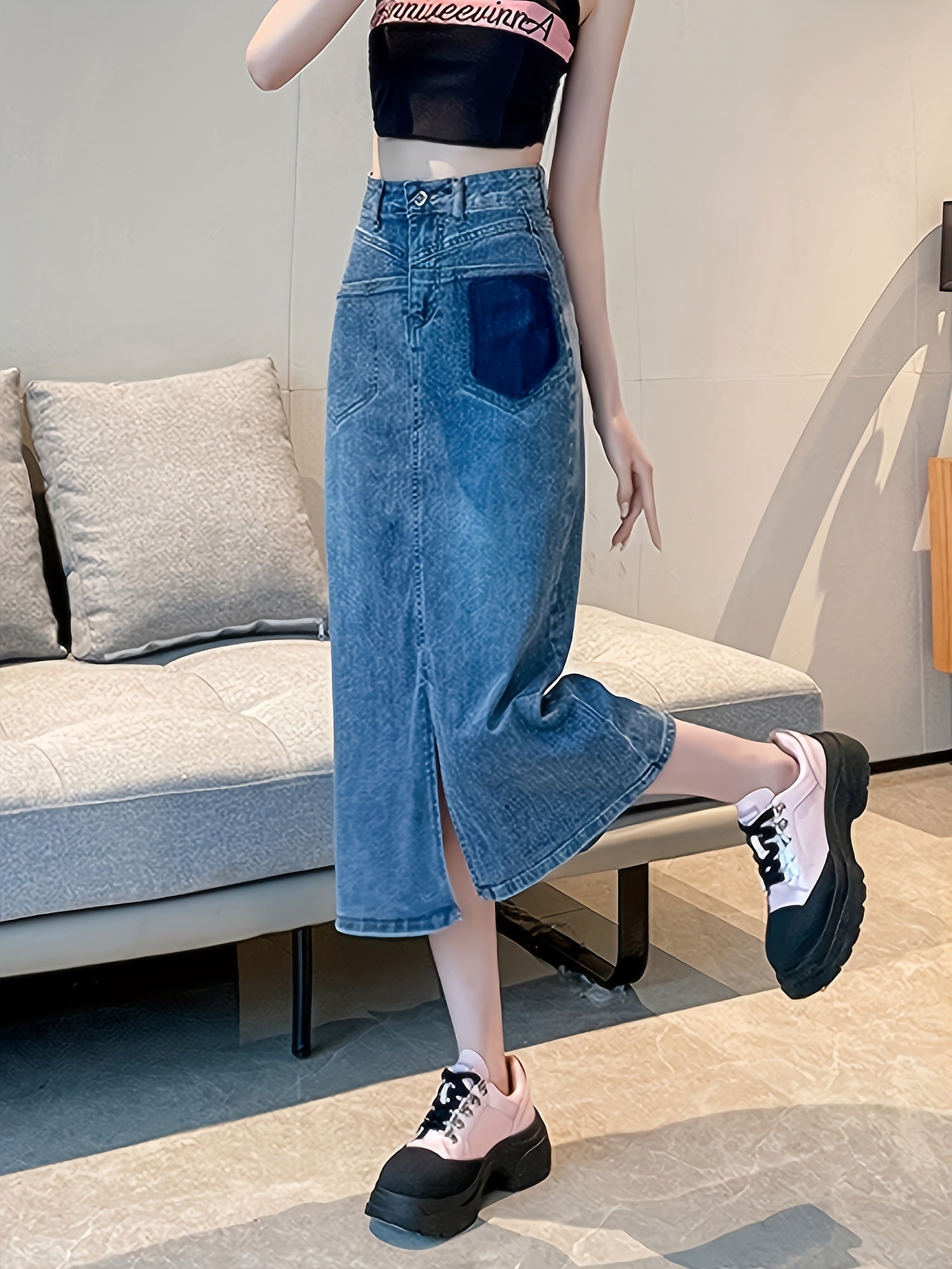 High Waist Denim Midi Skirt A Line Mid Stretch High Rise Versatile