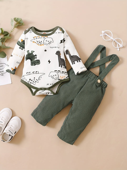 Baby Boy's Dinosaur Print Romper Top & Bib Pants Set