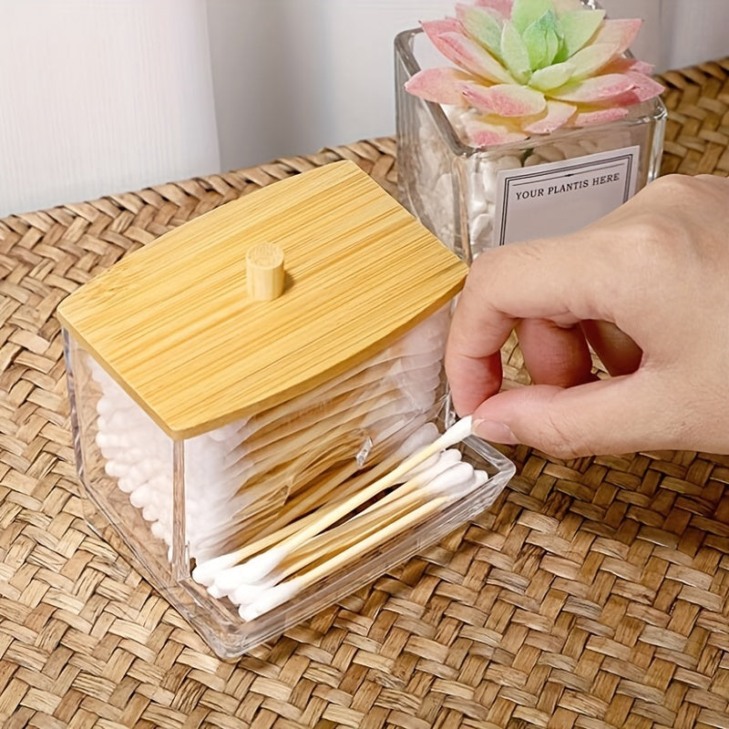 Acrylic Q Tip Dispenser with Bamboo Lid for Bathroom