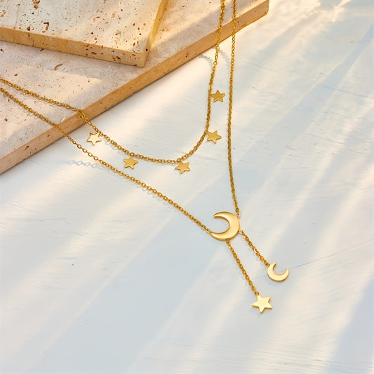 Stainless Steel Star Moon Necklace Fine Chain Resin Moon Pendant
