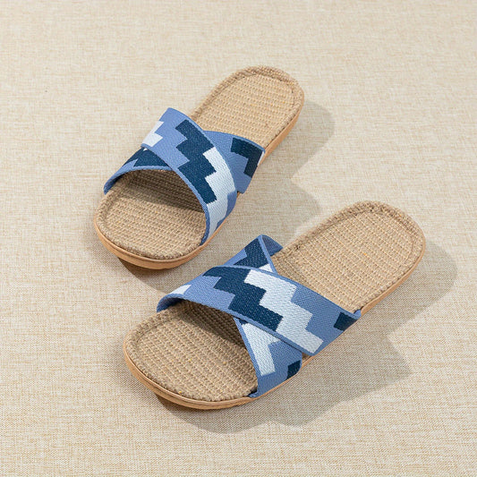 Crisscross Strap Linen Slides Colorblock Open Toe Slip On Flat Shoes