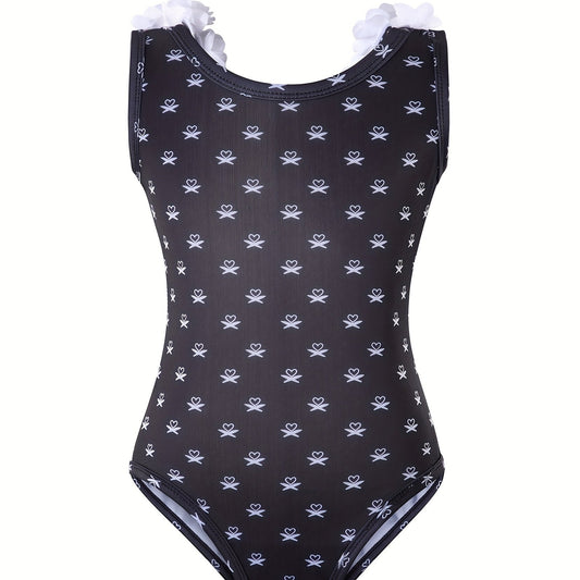 Girl's Heart Print Tankini Swimsuit with Flower Decoration