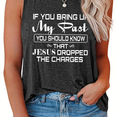  Slogan Print Tank Top Round Neck Casual Wear Stretchy