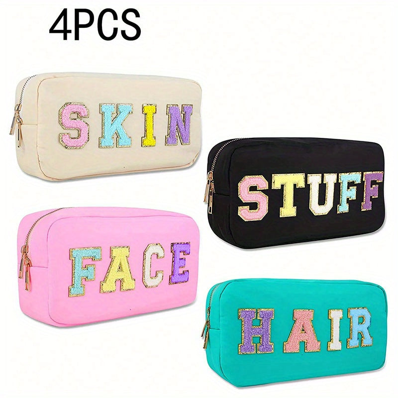 4 Pcs Embroidered Cosmetic Pouch Set Waterproof Travel Makeup Organizer Bag