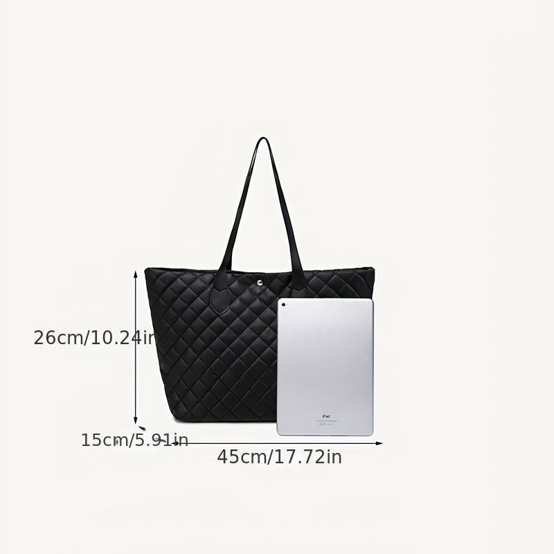 Argyle Quilted Tote Bag Large Capacity Stylish PU Leather Handbag