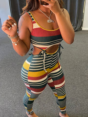 Striped Print Two piece Set Sleeveless Crop Top & High Waist Slim Pants