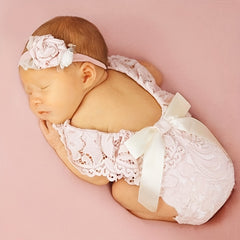 2pcs Baby Hollow Bow Red Lace Photography Clothing Set
