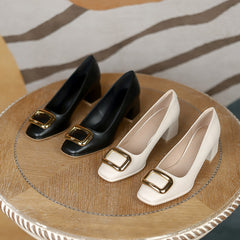 Women's Square Metal Decor Chunky Low Heels Slip On Pumps
