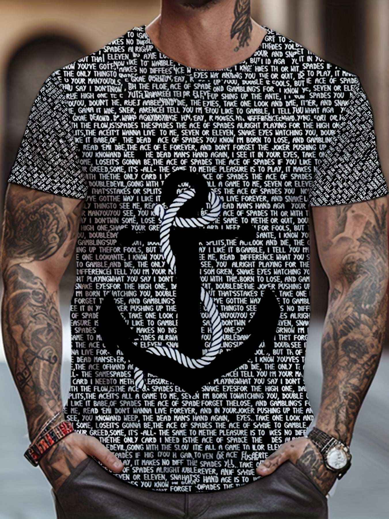 Men's Anchor Print T-shirt Casual Stretch Tee for Summer