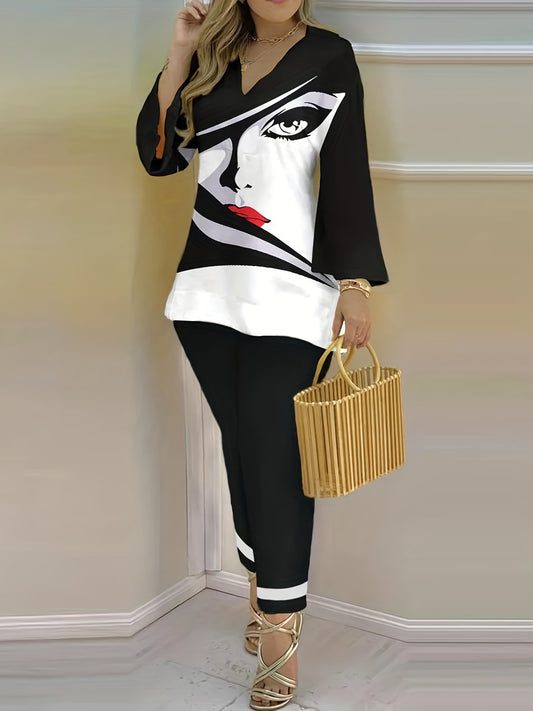 Graphic Print Casual Two Piece Set V Neck Flared Sleeve Tops & Pants