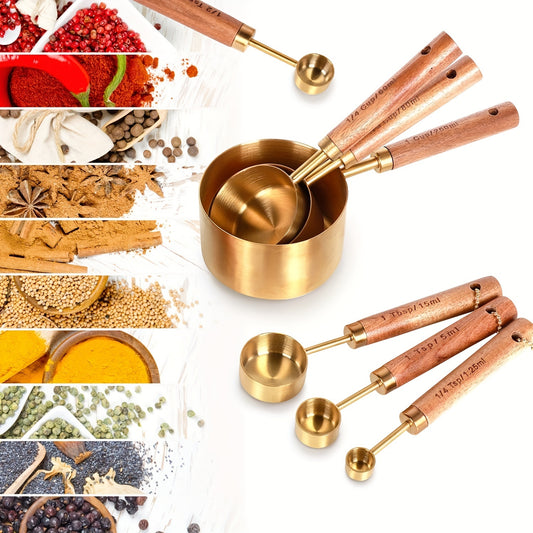8pcs Golden Measuring Cup Set & Spoon with Wood Handle