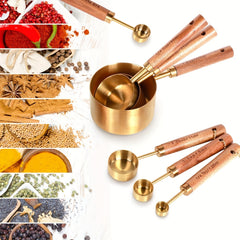 8pcs Golden Measuring Cup Set & Spoon with Wood Handle