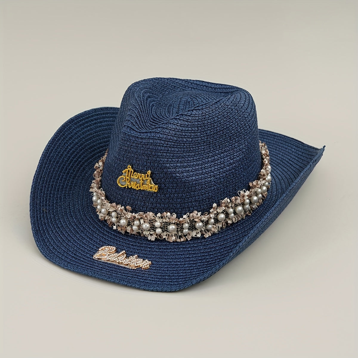 Rhinestone Bride Cowboy Hat Faux Pearl Lace Hatband Decor Straw Jazz Hat