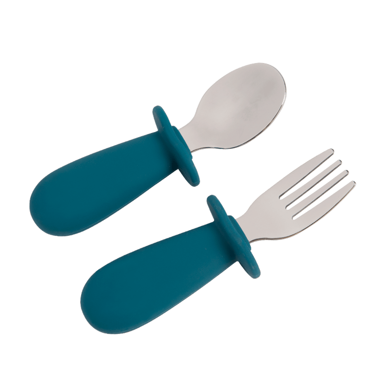 2pcs Baby Spoon Fork Set Stainless Steel Silicone Toddler Dinnerware