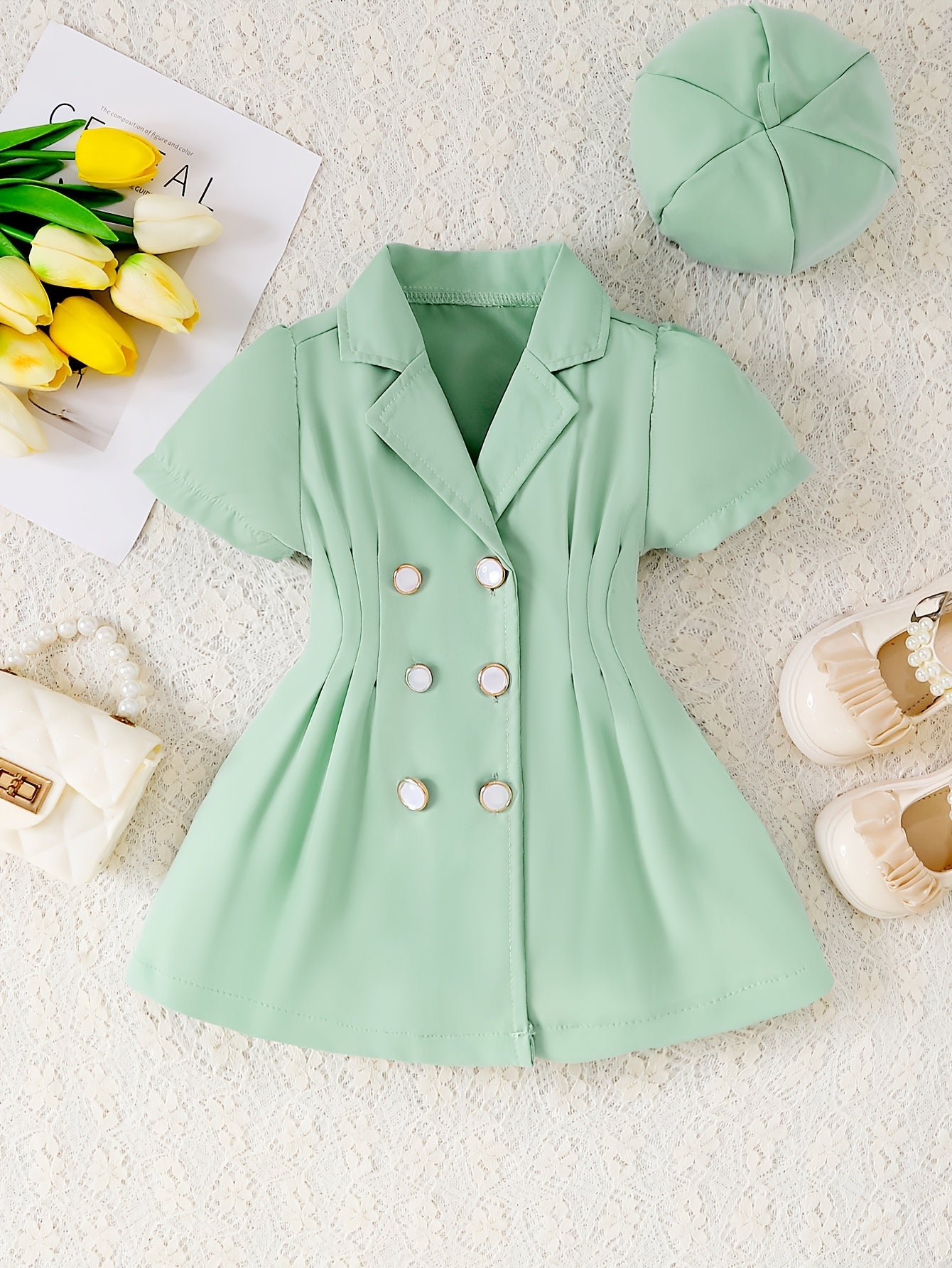 2pcs Baby Girls Short Sleeve Tunic Dress & Beret Set