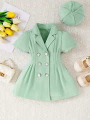 2pcs Baby Girls Short Sleeve Tunic Dress & Beret Set
