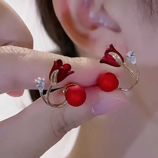 Festive Red Faux Pearl Tulip Flower Earrings For Women