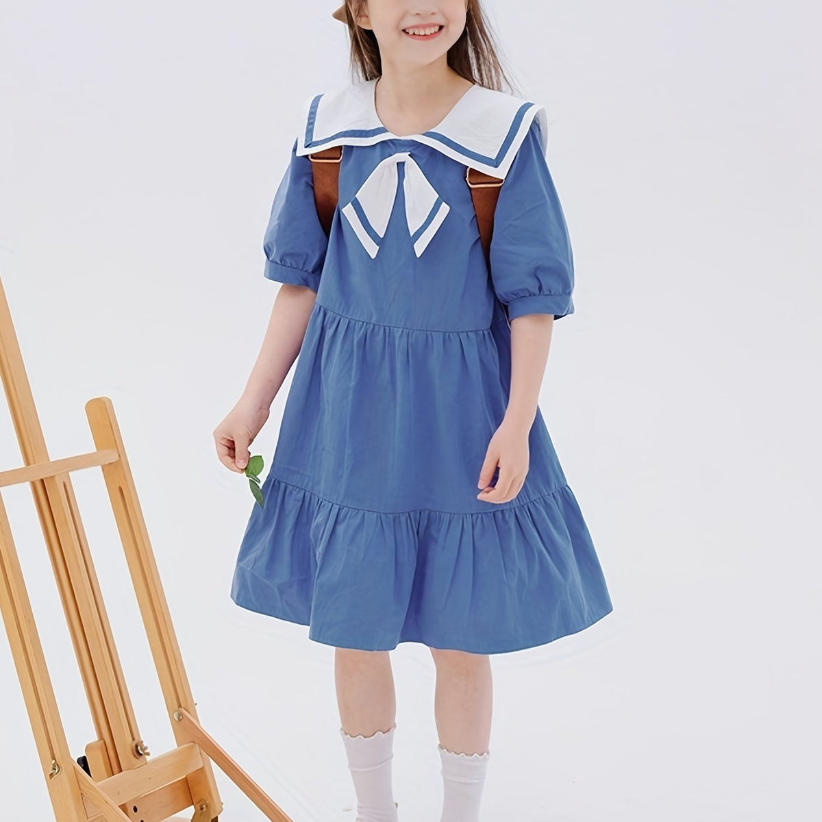 Girl's Navy Princess Dress Cotton Short Sleeve for Summer