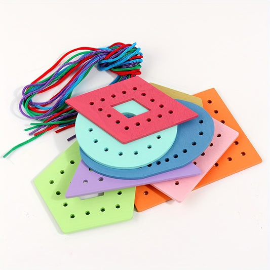 Colorful Wooden Rope Toy 8 Shapes Educational Sensory Play