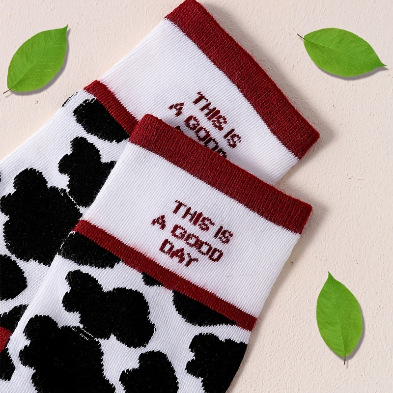 Colorblock Socks Cow Spots Print Mid Tube Socks Women's Stockings