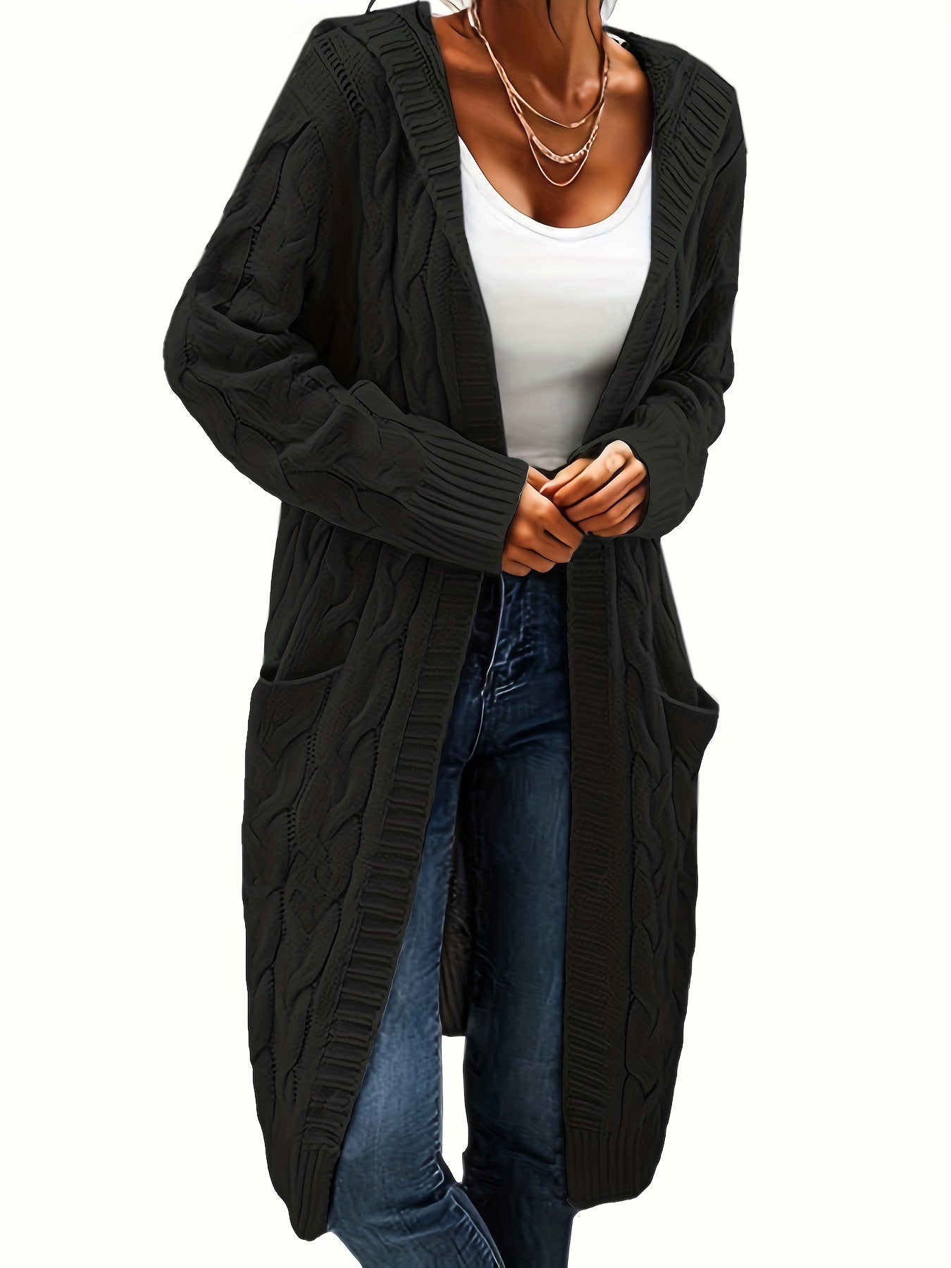 Solid Twisted Knitted Hooded Cardigan for Women