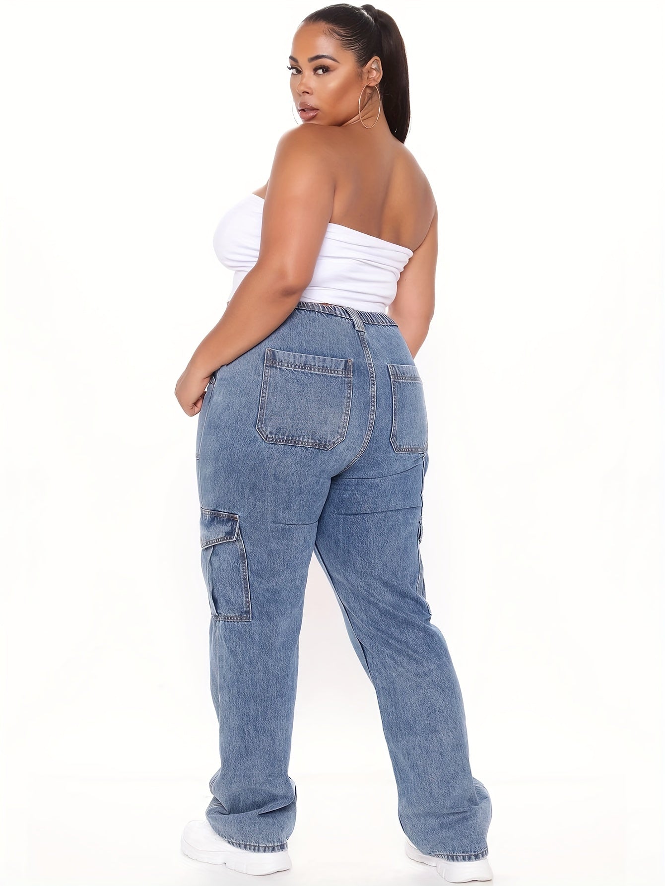 Women's Plus Button Fly High Rise Straight Leg Cargo Jeans