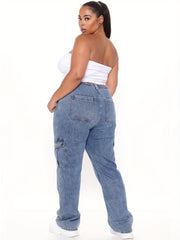 Women's Plus Button Fly High Rise Straight Leg Cargo Jeans