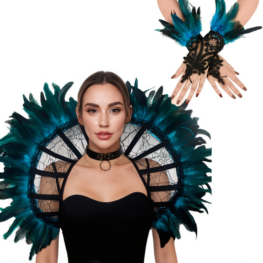 Gothic Corset & Glove Set Teal Feather Accents Ruffled Sleeves Halloween Cosplay