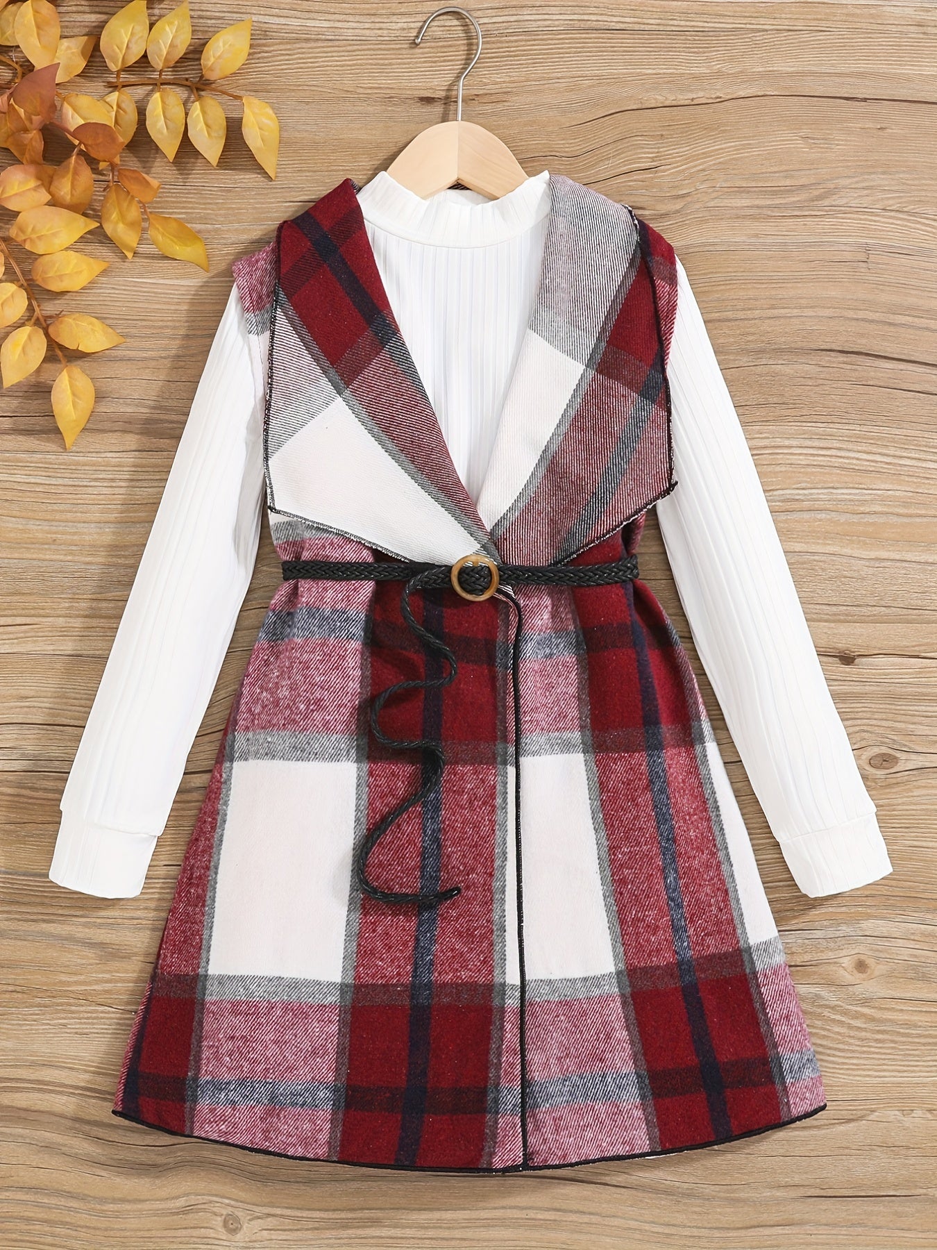 Girls' 2 Piece Mock Neck T-Shirt & Belted Vest Coat Set