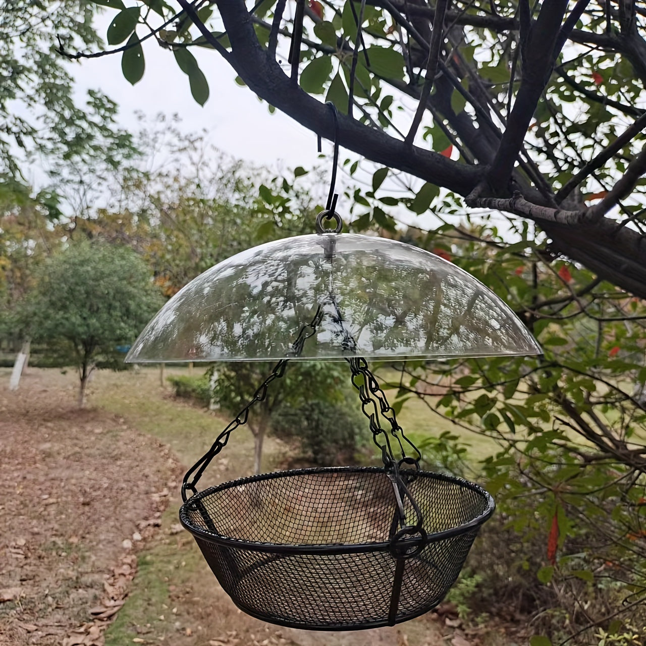 Rainproof Hanging Baffler Bird Feeder with Protective Cover for Outdoor Use