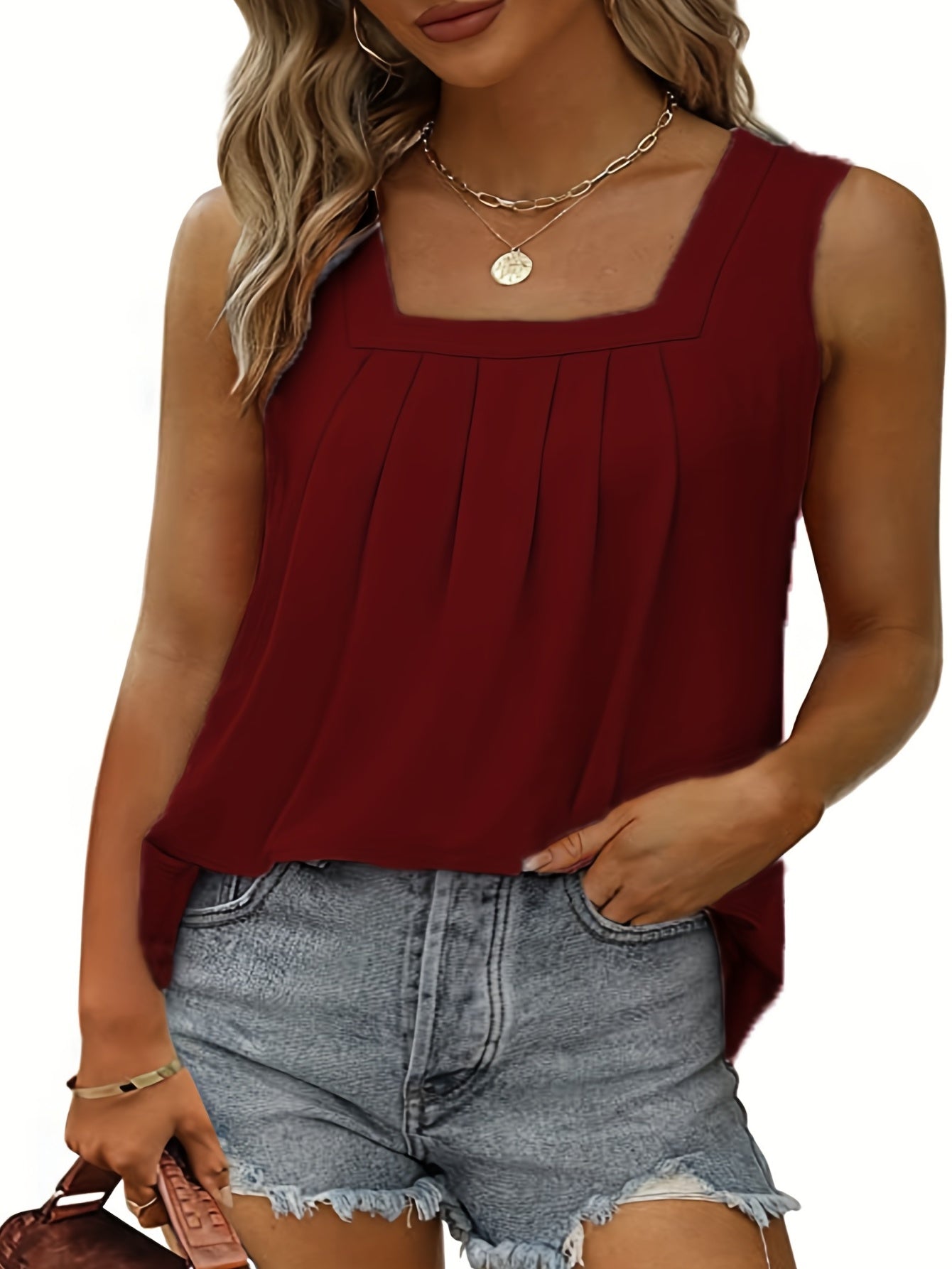  Solid Square Neck Pleated Stretch Tank Top