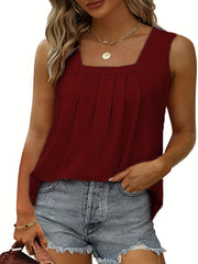  Solid Square Neck Pleated Stretch Tank Top