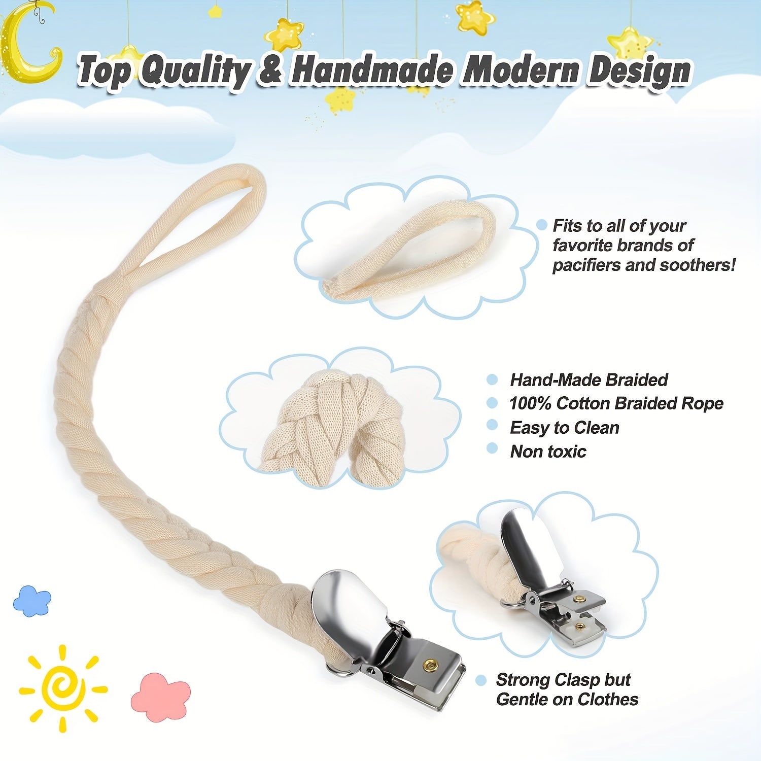 6pcs Unisex Pacifier Clips Braided Holders for Boys & Girls