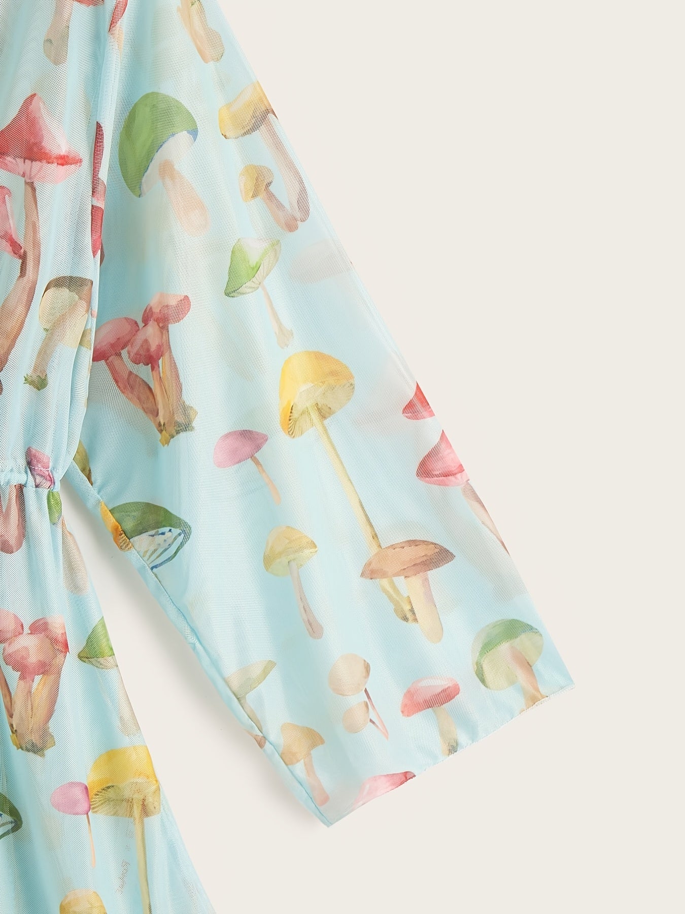 Mushroom Print Kimono Drawstring Long Sleeve Cover Up Shirt