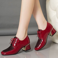 Women's Square Toe Block Heel Lace Up Mid Heels Faux Patent Leather Pumps