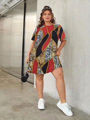  Colorblock Paisley Print Round Neck Dress