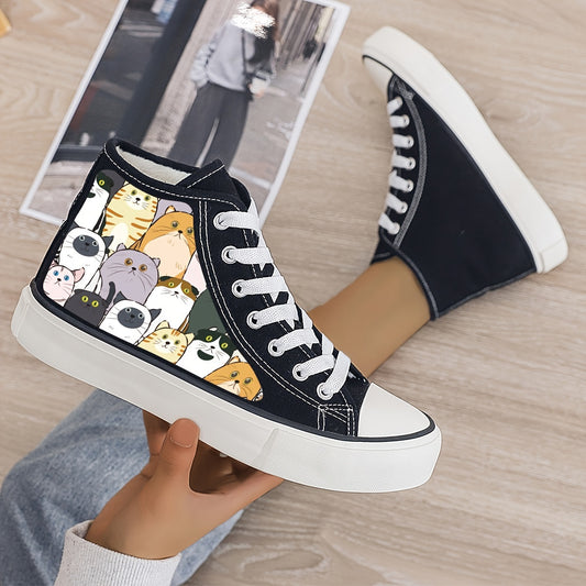 Girl's High Top Cartoon Cats Pattern Skate Shoes with Warm Plush Lining